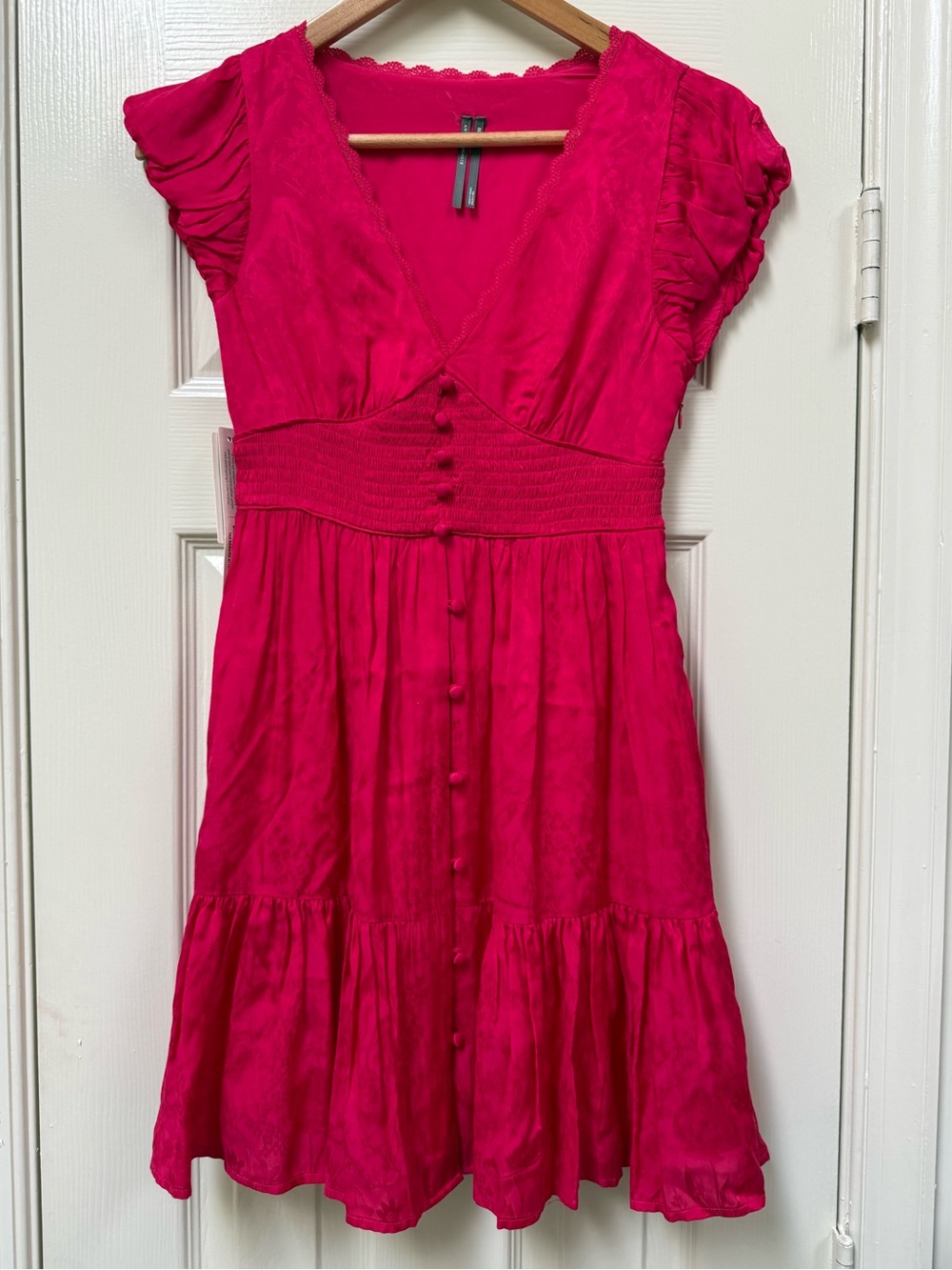 Anthropologie Peregrine Satin Mini Dress in Pink V Neck Smocked Waist Size XXS